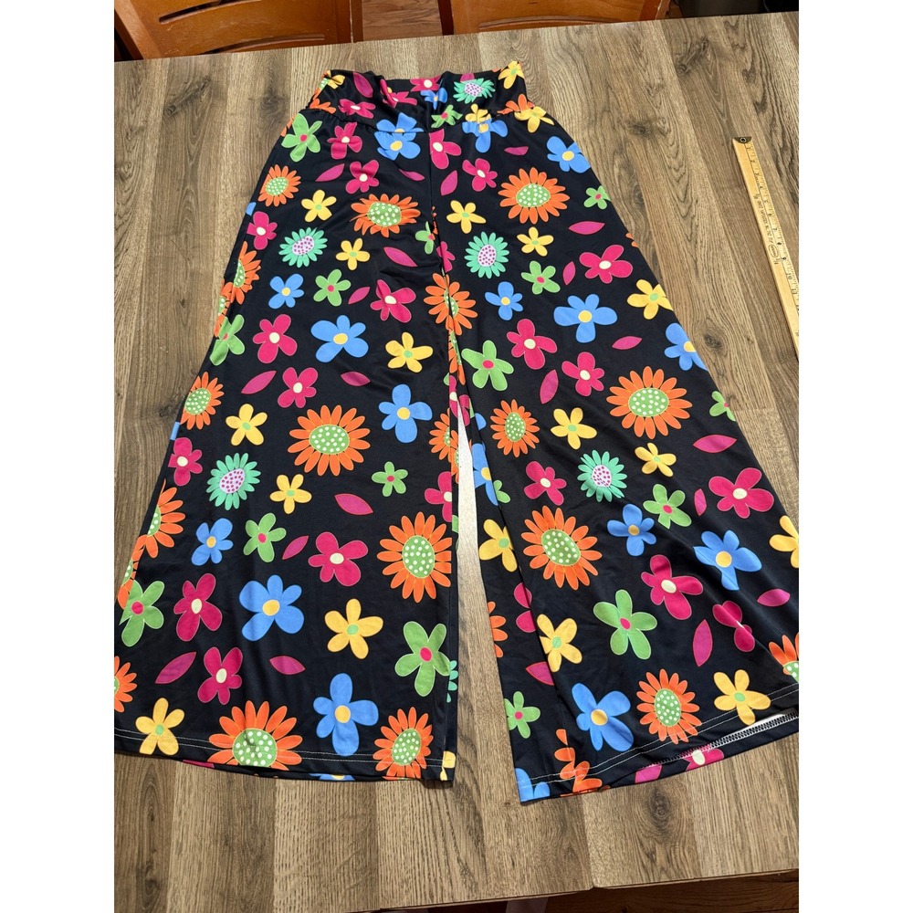 Beyond This Plane Palazzo Pants Womens XL Black Floral Retro Wide Leg Excellent